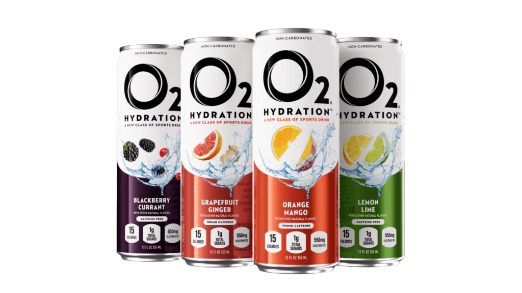4 cans of O2 beverage of different flavors