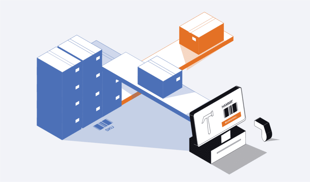 An illustration of an inventory management system showing stored items, product SKU codes, and a digital interface