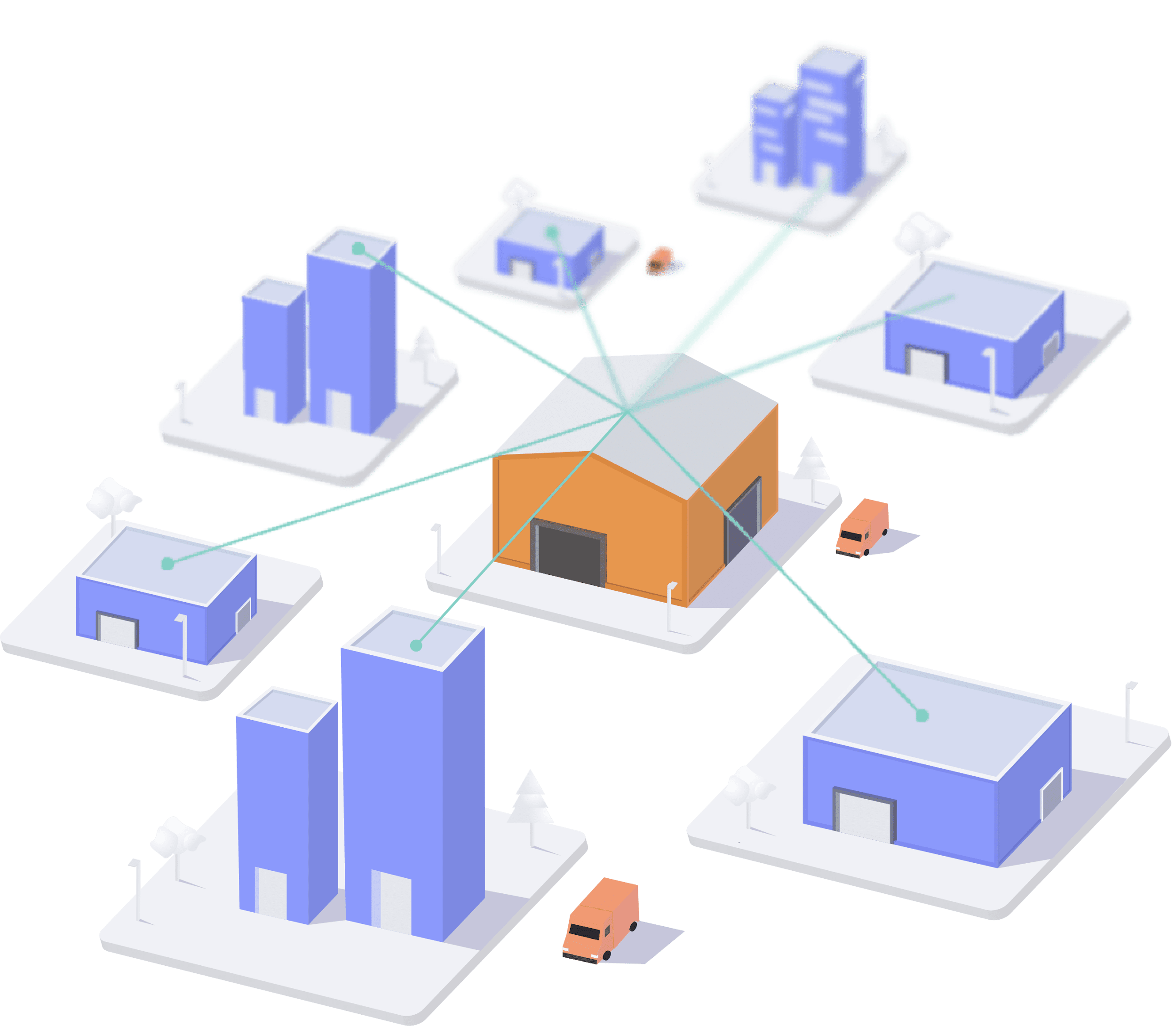 3d model of warehouses and trucks